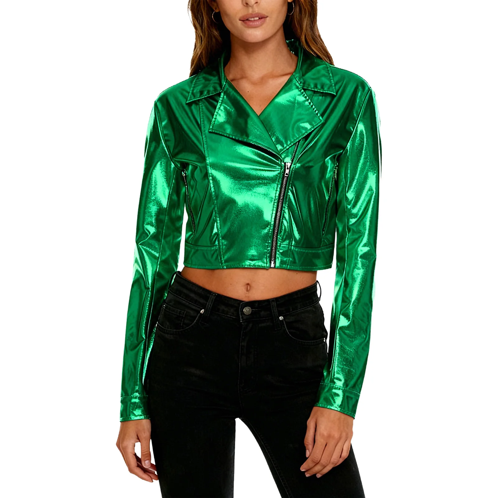 سترة نسائية معدنية لامعة مقصوصة مع طية صدر السترة وأكمام طويلة وسحاب جانبي ملابس خارجية لراكبي الدراجات النارية سترة نادي زي الحفلات #5