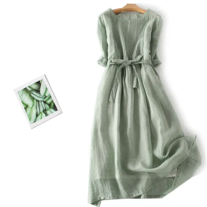 Original artistique rétro chanvre ceinturé t-shirt quart Sve Dr coréen Sle taille ample été Midi Dr couleur ronde Ne