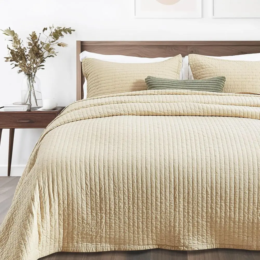 

King Size Cotton Quilted Bedding Set, Reversible Lightweight Coverlet with 1 Quilt & 2 Shams, Beige