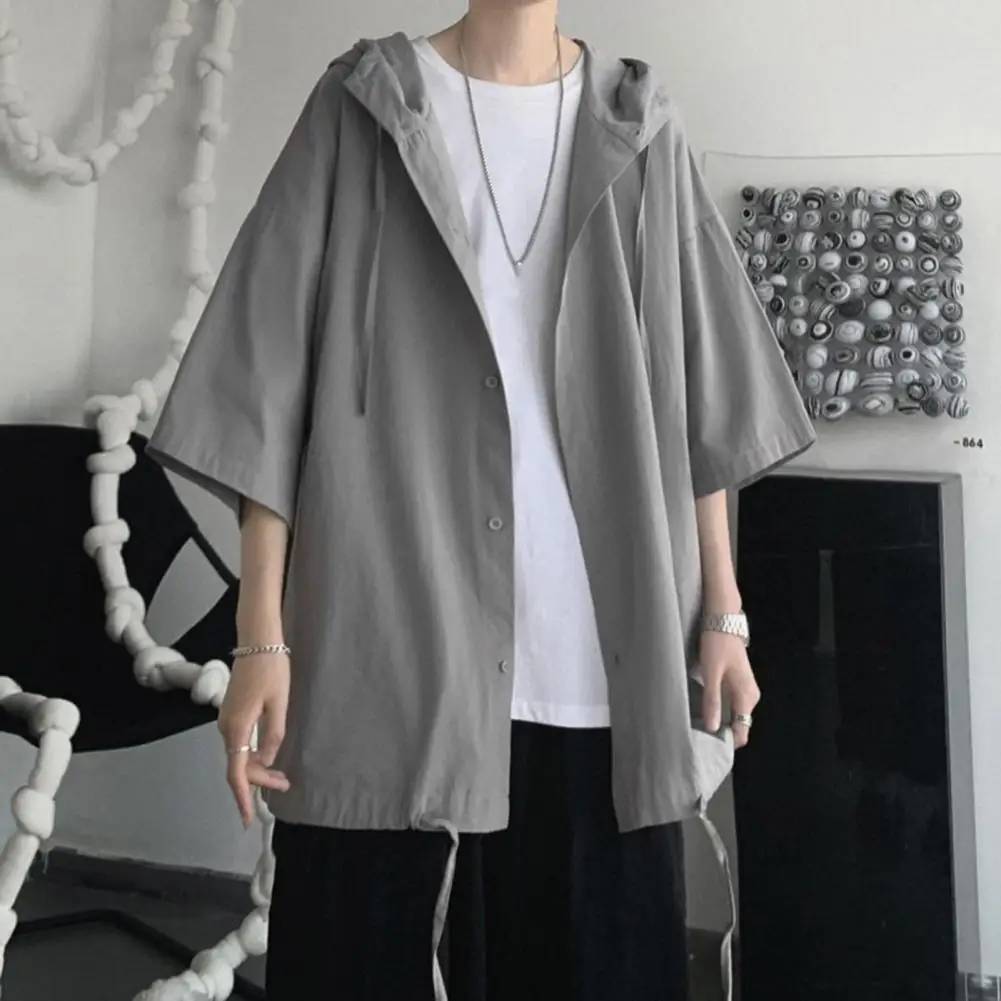 

Men Loose Shirt Stylish Men's Hooded Cardigan with Drawstring Detail Soft Buttons Streetwear Coat for Mid-length Coverage Loose