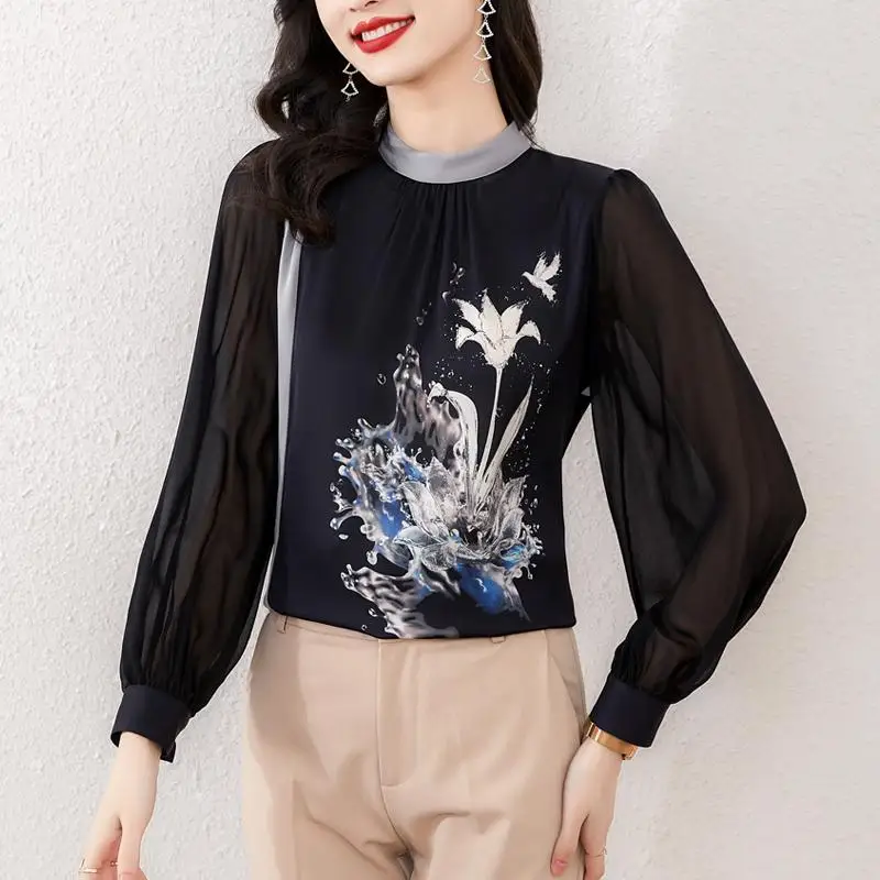 Spring Summer Women\'s Chiffon Pullover Printing Round Neck Lantern Long Sleeve Contrast Color Button Casual T-shirt Trendy Tops