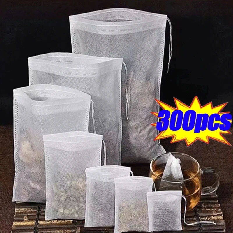 300pcs/lot Disposable Teabags Non-woven Fabric Tea Filter Bags for Coffee Spice Tea Bag with Drawstring Filters Kitchen Teaware