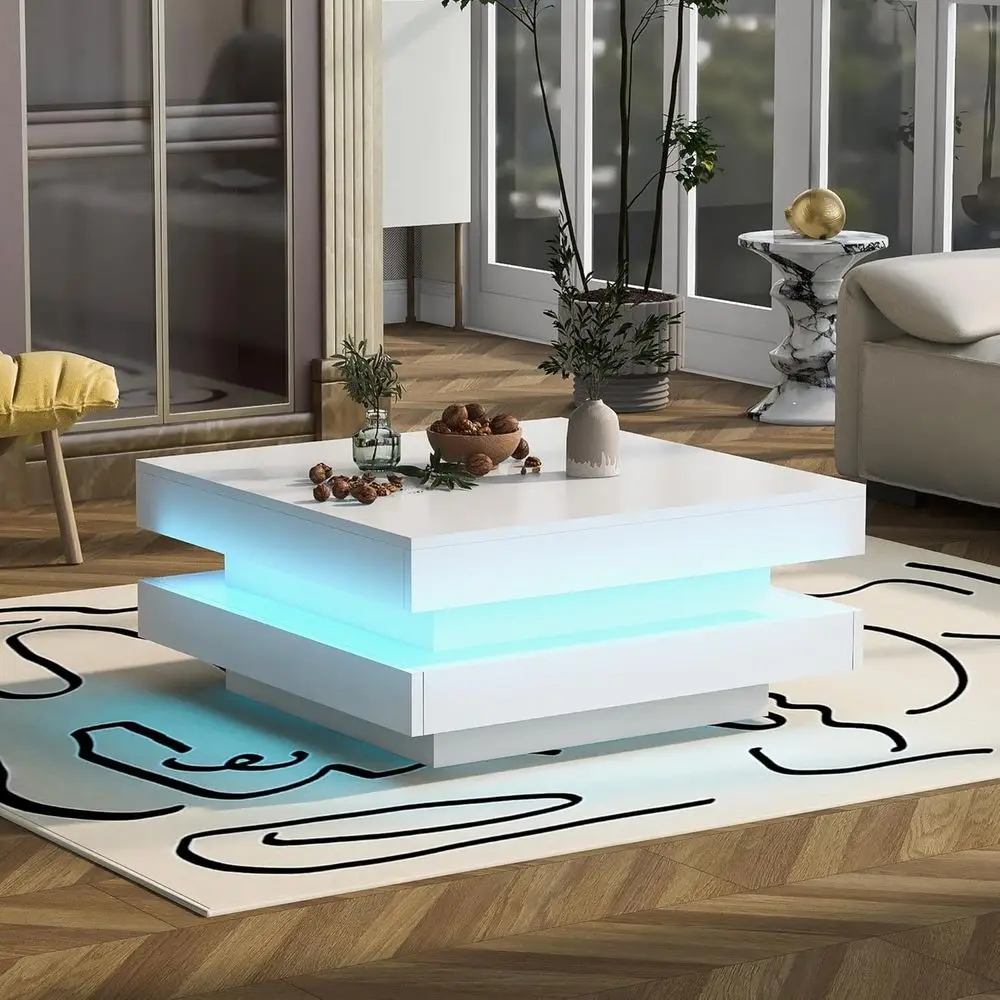 

Glossy Square Coffee Table, Deluxe 2-Level Table with LED and Storage for Living Spaces