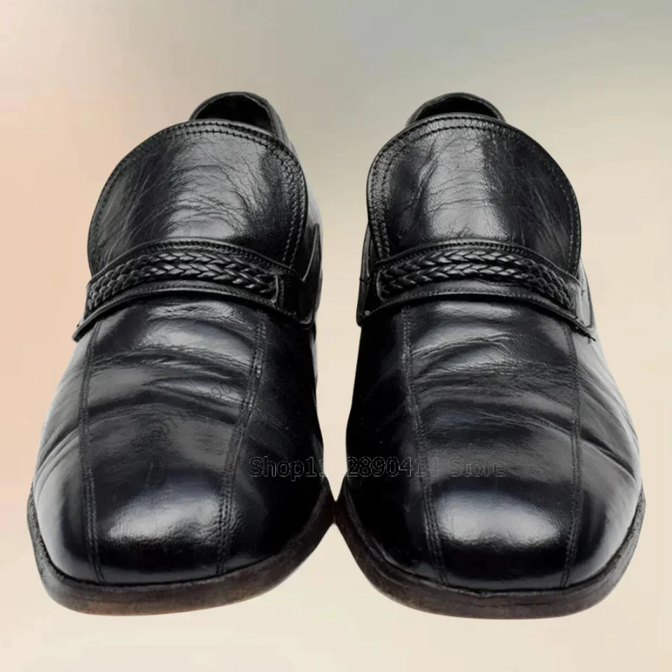 

Black Knitted Design Crack Pattern Square Toe Men Shoes Fashion Slip On Male Shoes Luxury Handmade Party Office Men Dress Shoes