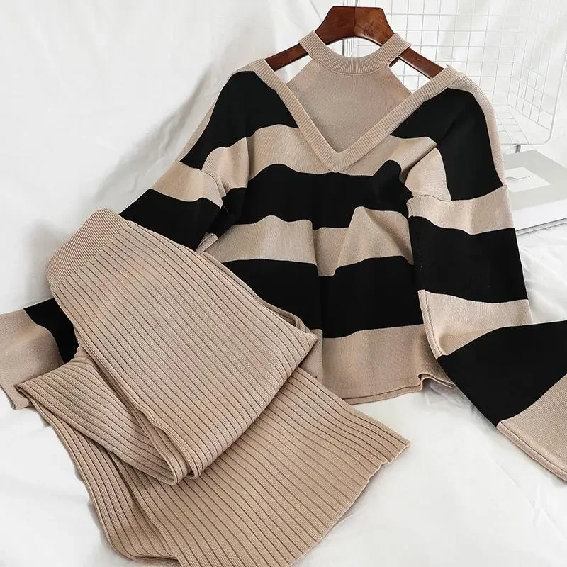 New Spring Knitted Tracksuit Women Long Sleeve Striped Halter Sexy Sweater + Wide Legs Pants Two Piece Set Trouser Suits