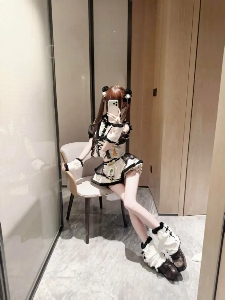 Sweet Kawaii 2 Piece Set Women Lace Bow Ruched Top High Waist Apron Mini Skirt Slim Fit Skirt Elegant Party Female Outfits 2026 view 2