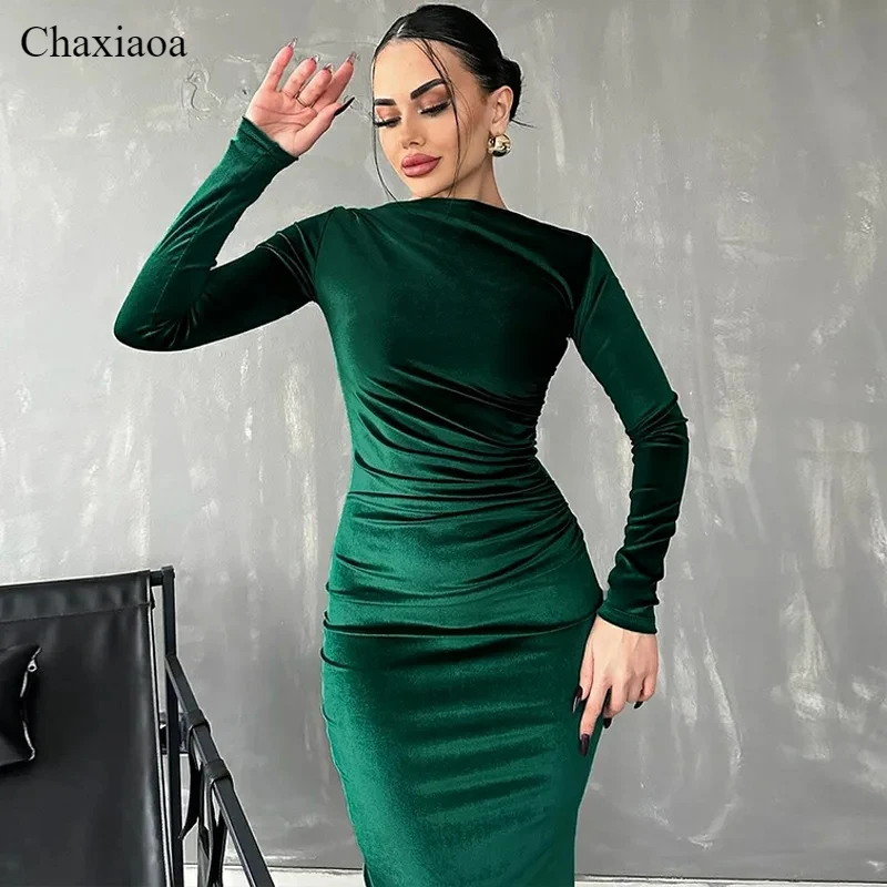 Chaxiaoa 2024 Spring Summer Velvet Long Sleeve Midi Dress for Women Ruched Dress Elegant Party Clothes Evening Green Outfits