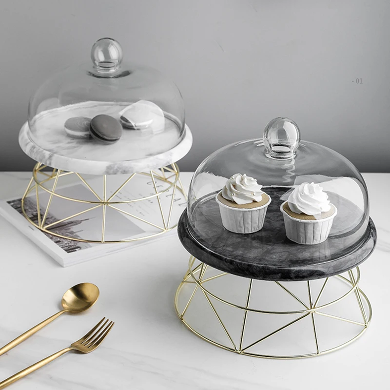 

Marble Tray Tall Cake Stand with Glass Cover Dessert Table Golden Fruit Jewelry Cosmetic Teacup Storage