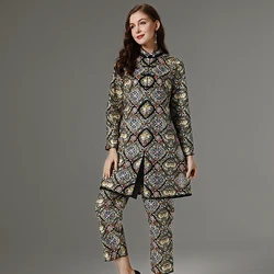 High-End Spring And Autumn New Women Vintage Palace Rayon Embroidery Medium Length Coat And Cropped Trousers Two-Piece Set L-XXL