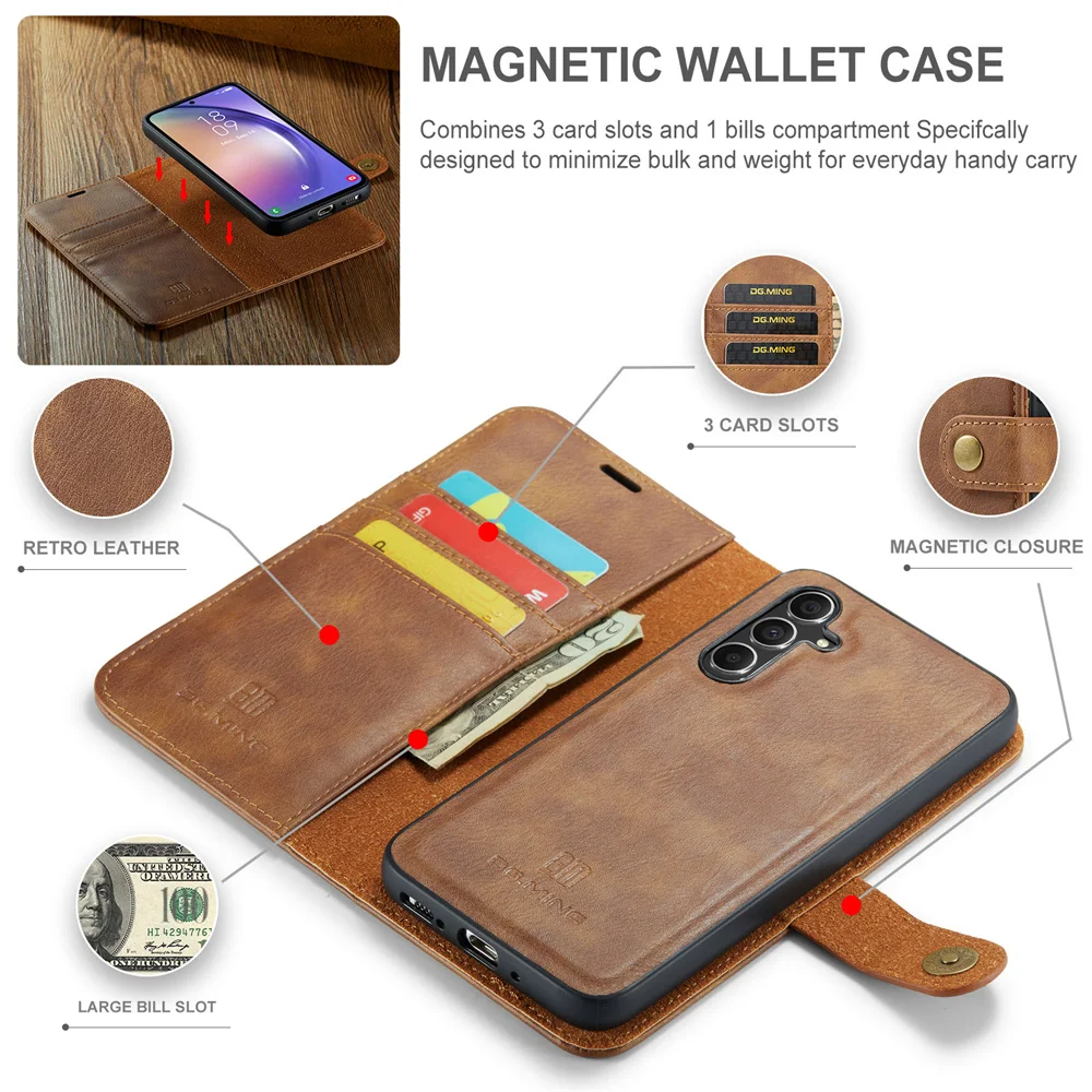 DG.MING Luxury Detachable Wallet Case for Galaxy A12 A13 A14 A22 A23 A24 A32 A33 A34 A42 A54 A72 A73 Magnetic Clasp Leather Case