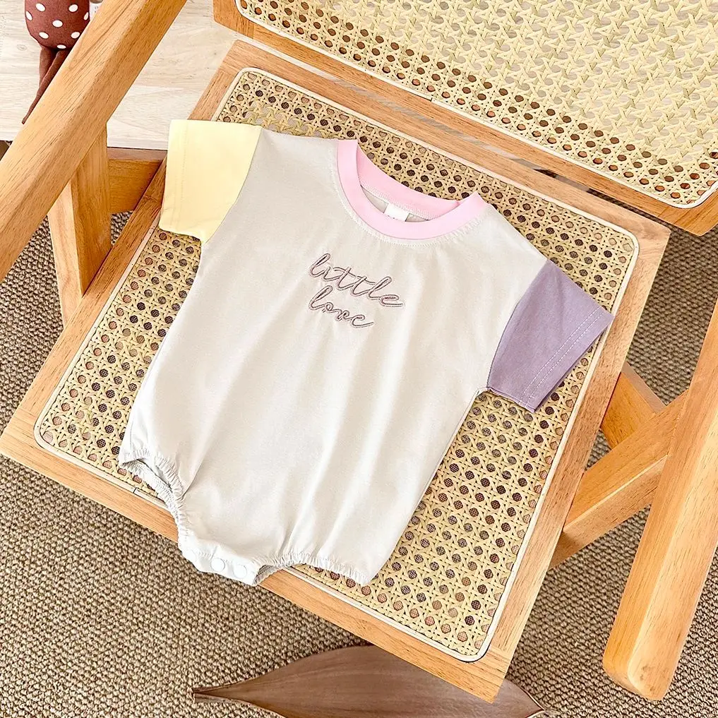 Infant Clothes Baby Romper 0-18M Summer Short Sleeve Boy Girl Babies Jumpsuit Color Patchwork Letter Embroidery Newborn Bodysuit