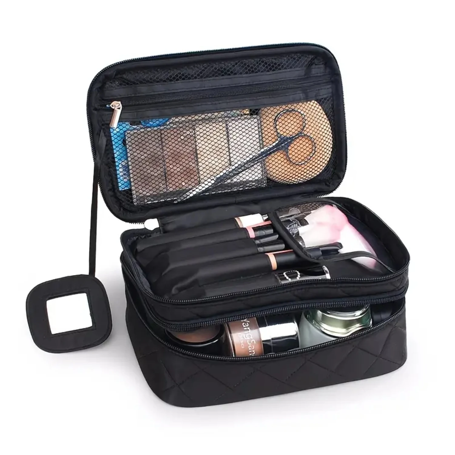 

Professional Double Layer Makeup Bag Organizer for Women - Travel Cosmetic Bags with Brush Storage - Beauty Toiletry Case for Ne