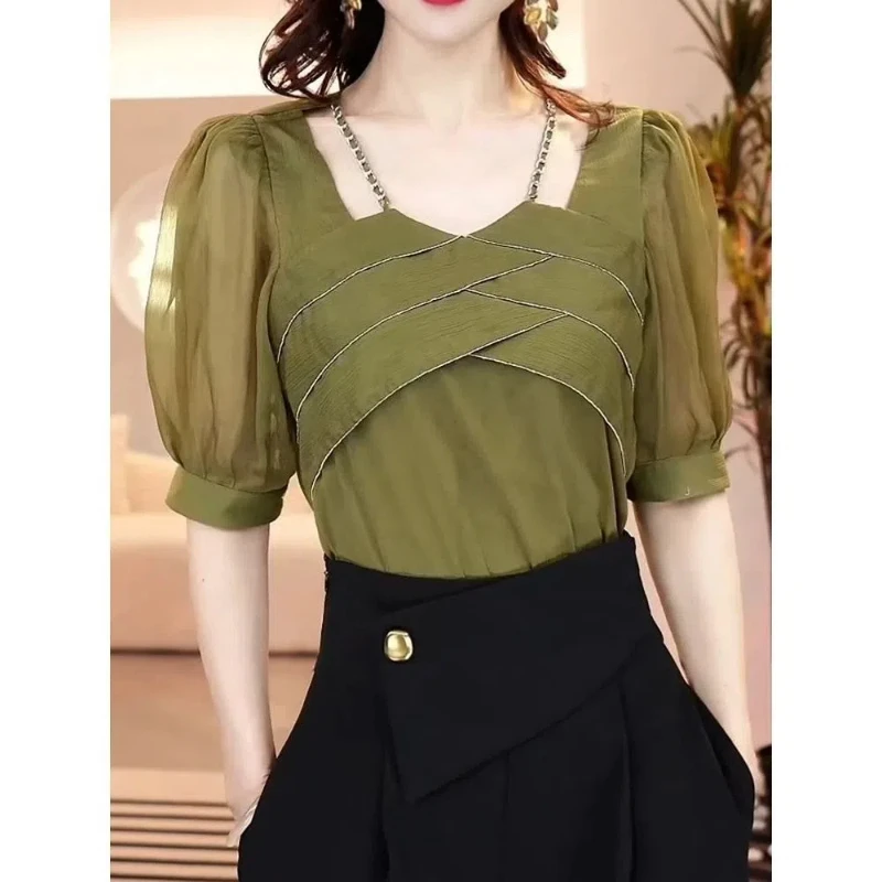 Fashion Elegant Square Collar Women\'s 2024 Summer New Spliced Puff Sleeve Solid Slim Gauze Casual Short Sleeved Blouses Shirts