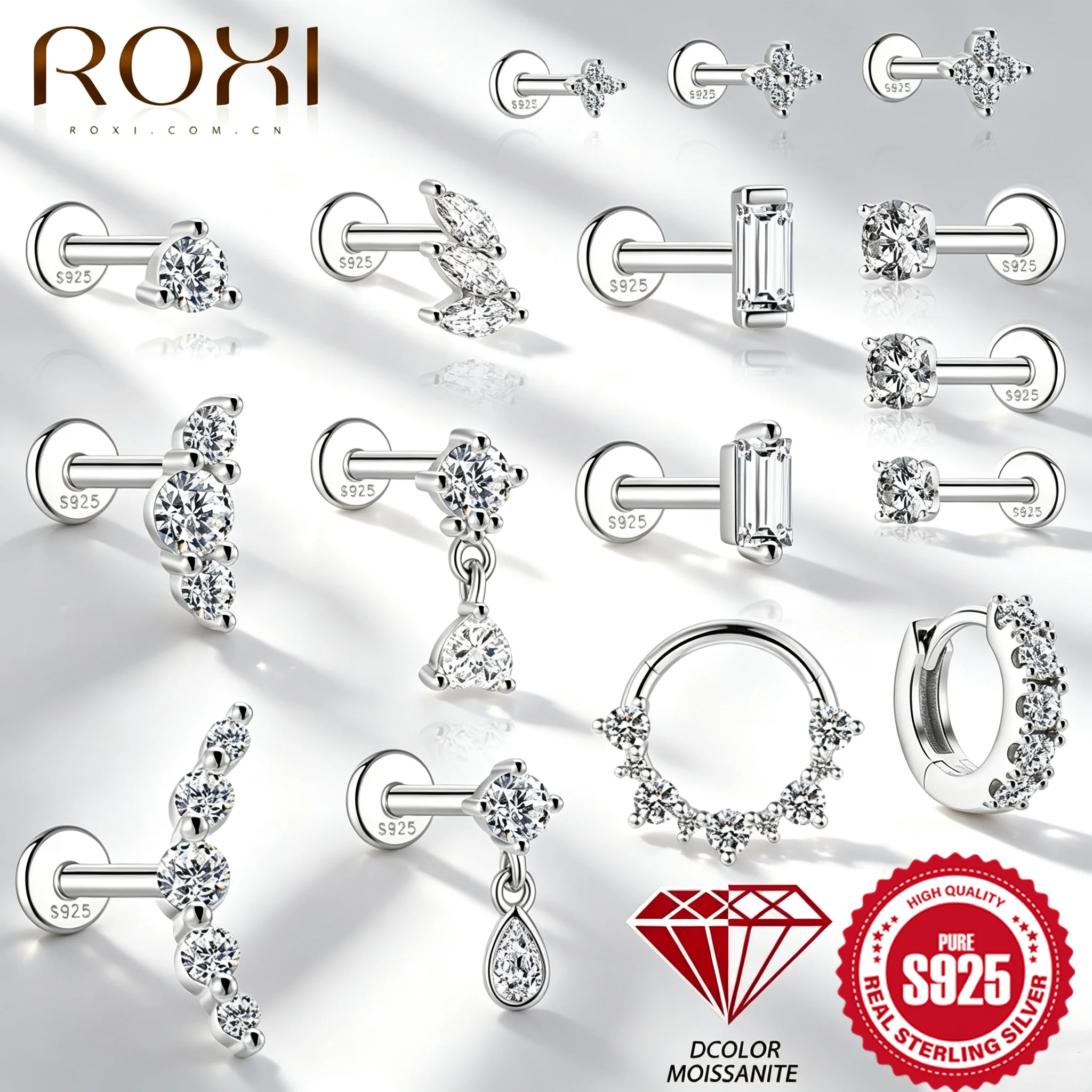 Roxi Moissanita Plata De Ley 925 Pendiente De Borla GeoméTrica Para Mujer, Pendiente De Tuerca Plana, Colgante De Flor Para HéLice, JoyeríA Fina-image