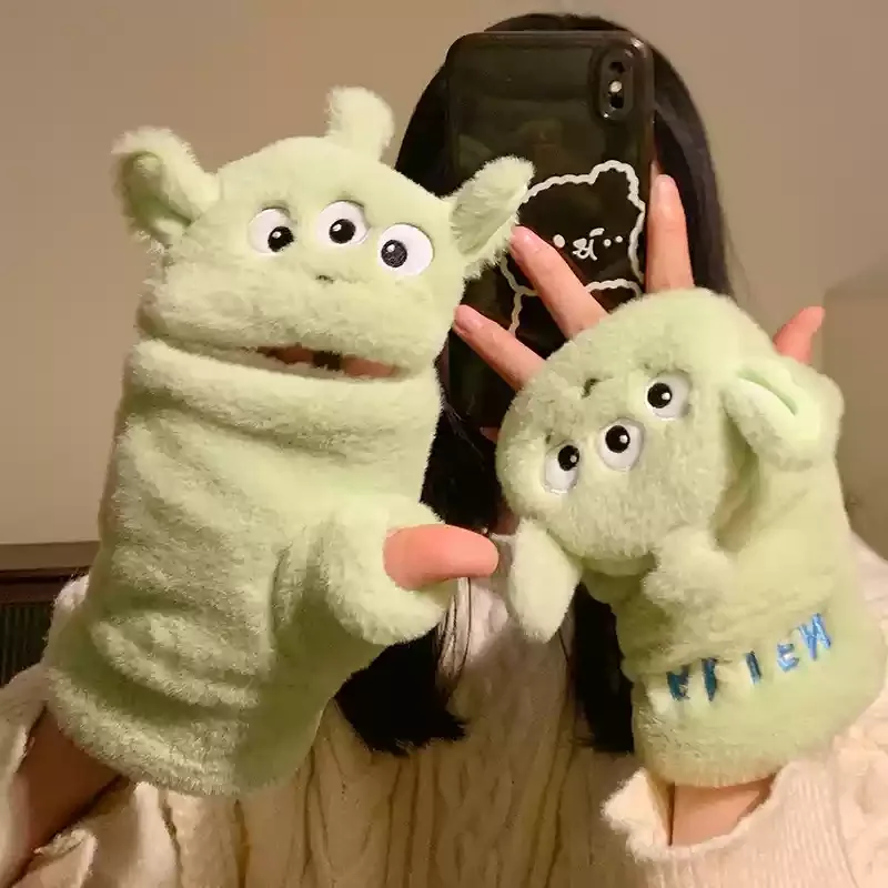 2024 Disney Stitch Half Finger Flip Plush Gloves For Women In Winter Warm And Thick Plush Cute Gloves Birthday Gift For Friends