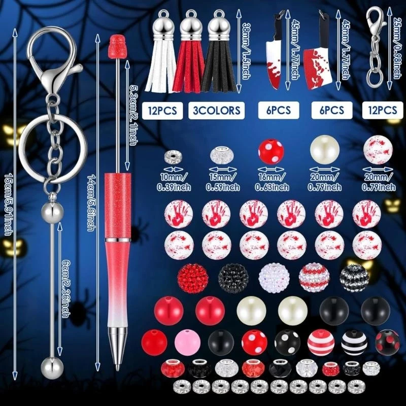 W89C 86pcs Halloween موضوع الديكور القلم وسلسلة مفاتيح قابلة للخرز مجموعة للطفل هالوين هالوين ، مع شرابات جراد البحر