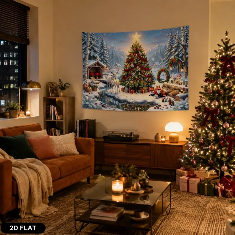 VIKAMA Snowy Fireplace Christmas Tapestry, Winter Hearth Tree Presents, Xmas Wall Hanging Decor for Holiday Home Party