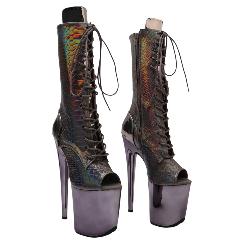 Leecabe 20CM/8inches Snake Shiny PU Open Toe Nightclub Party Shoes High Heels Platform Pole Dance Boots