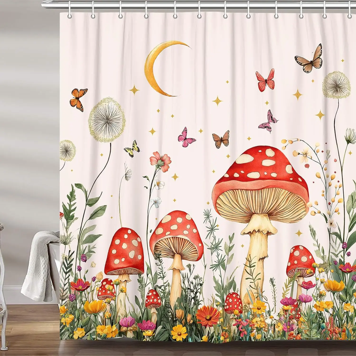 

Red Mushroom and Butterfly Garden Pattern Waterproof Shower Curtain 180x200cm - Fantasy Nature Print Bath Curtain for Kids Room