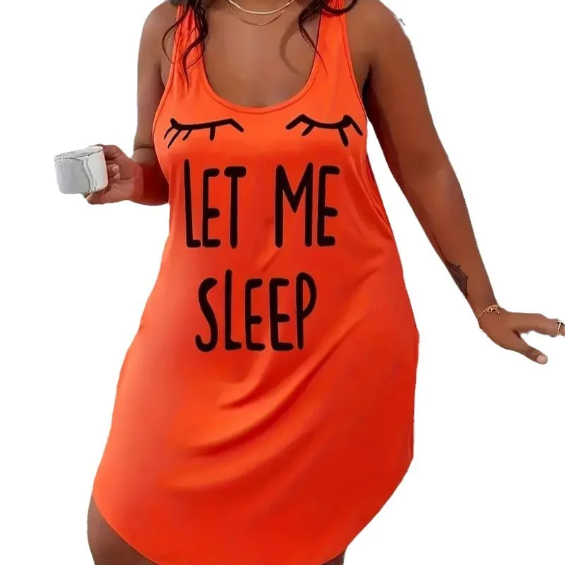 Women's Casual Vest Dress Plus Size Eyelashes and Letters 3D Printed Racing Vest Nightdress Sleepwear Women