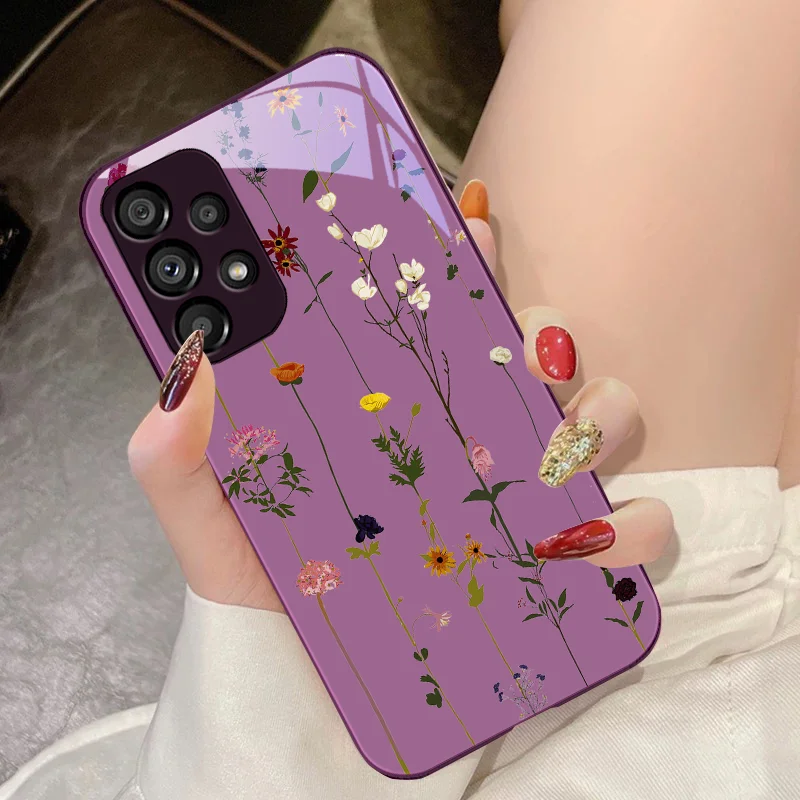 Tempered Glass Phone Case for Samsung Galaxy S10 4G S20 11E 30 S21 21Fe 22 Pro S23 Ultra 5G S8 S9 Vine small flower rose purple