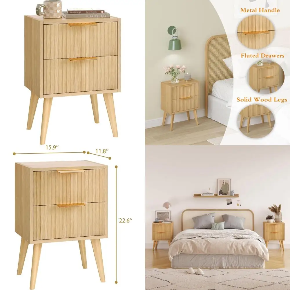 Fluted Nightstand with 2 Drawers,Modern Bedside Table with Metal Handles,White Side Table with Solid Wood Legs,Mid Century End T