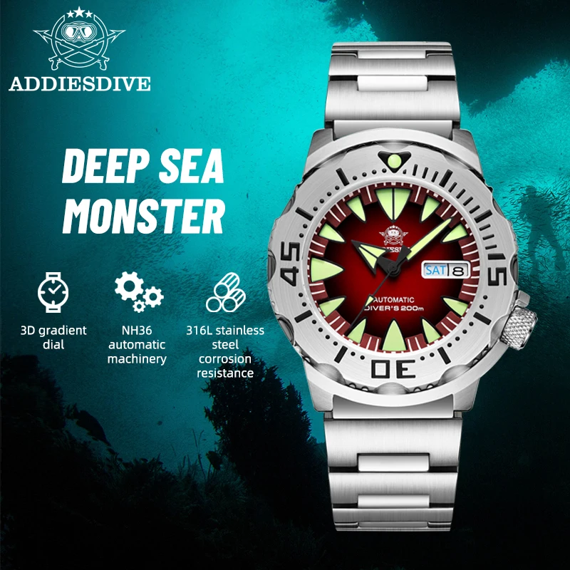 ADDIESDIVE AD2103 Men\'s Monster Watch Water resistant Luminous NH36 Dive With Date Window 316L Steel Automatic Mechanical Watch