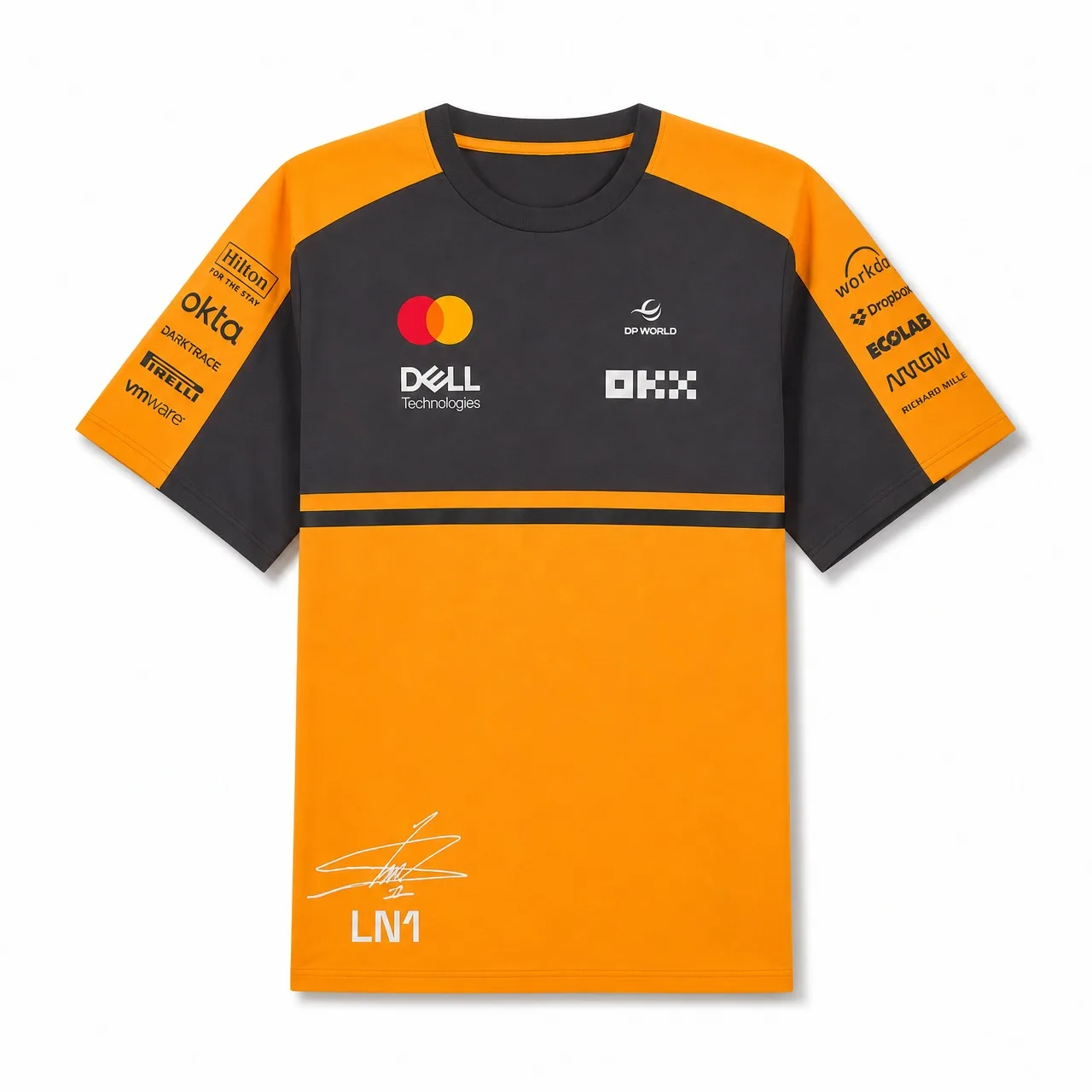 Herren F1 McLaren Team T-Shirt LN1 Signature Back No.1 Bedrucktes, gespleißtes, schwarz-orangefarbenes, kurzärmeliges, lässiges Renn-T-Shirt – Detail 6