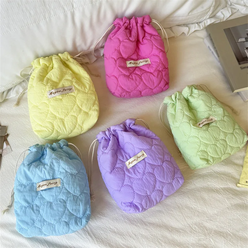 Solid Color Heart Quilted Drawstring Cosmetic Bag Macaron Pastel Tone Portable Soft Makeup Storage Pouch For Women Daily Trave