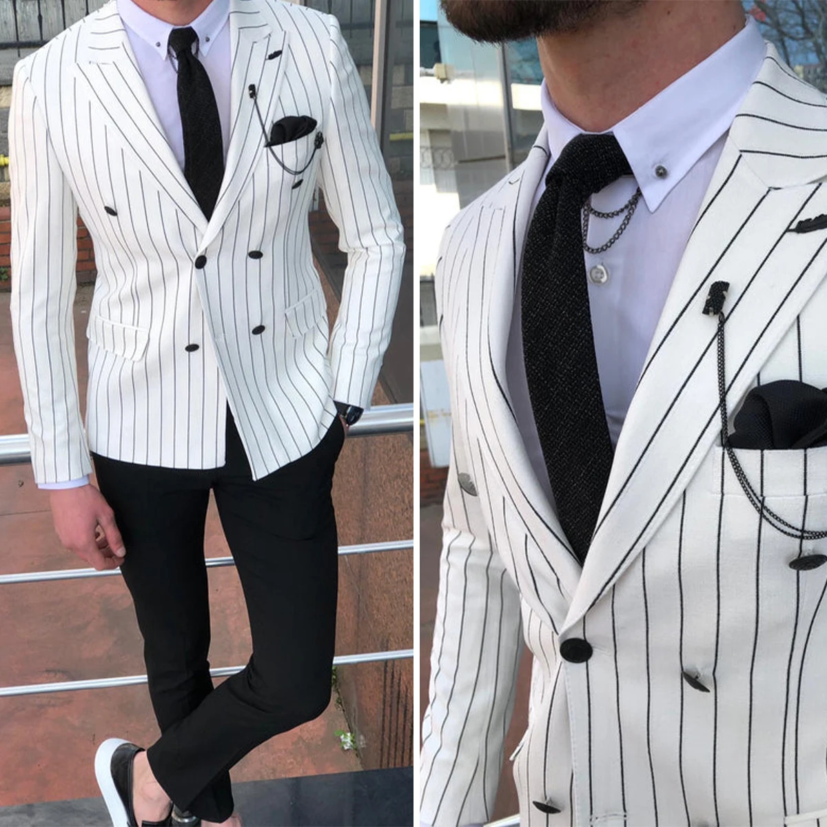 

The White Stripes Mens Jacket Double Breasted Groomsmen Dinner Overcoat Formal Business Blazer Costume Homme No Pants One Piece