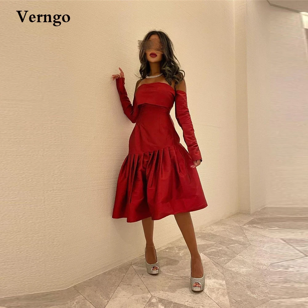 

Verngo Red Taffeta Evening Party Dresses Strapless Long Gloves A Line Under Knee Length Arabric Women Prom Dress Robe de soiree