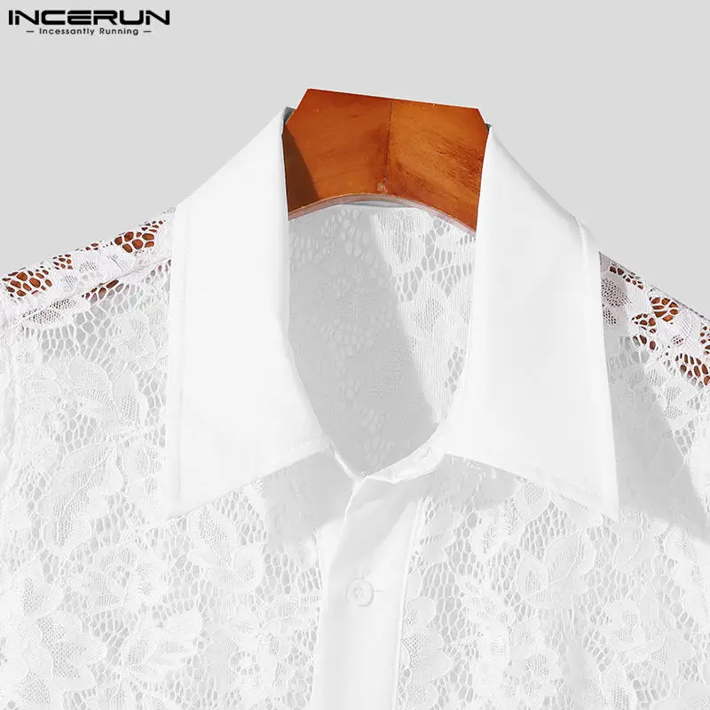 2024 Men Shirt Lace Transparent Lapel Sleeveless Summer Casual Vests Streetwear Sexy Party Fashion Men Clothing S-5XL INCERUN