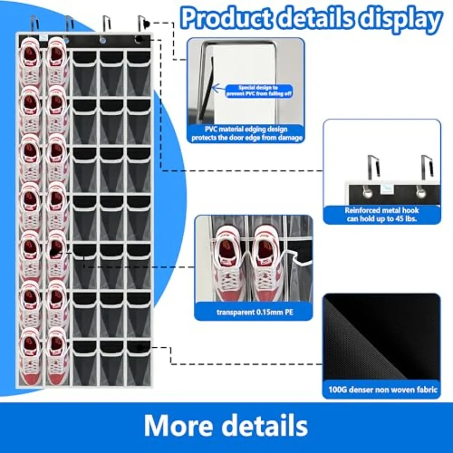 ترقية منظم الأحذية فوق الباب 2025 مع 35 جيبًا شفافًا ضخمًا لتخزين ما يصل إلى حجم 13 حذاءًا مادة قوية متينة مع