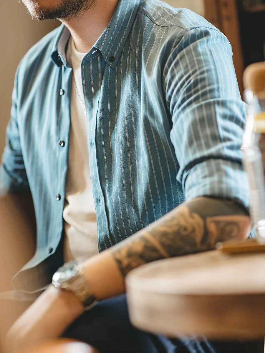 

Maden American Style Slim Fit Shirt Stripe Pattern Faded Blue Casual Thin Tailor Collar Business Casual Men's Trendy Fashion