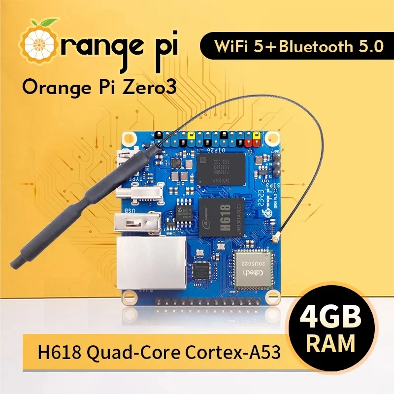 Caixa de alumínio Orange Pi Zero 3, 4GB RAM, Allwinner H618, WiFi5 + BT 5.0, LPDDR4, 16MB, flash SPI, fonte de alimentação opcional para OPI 3