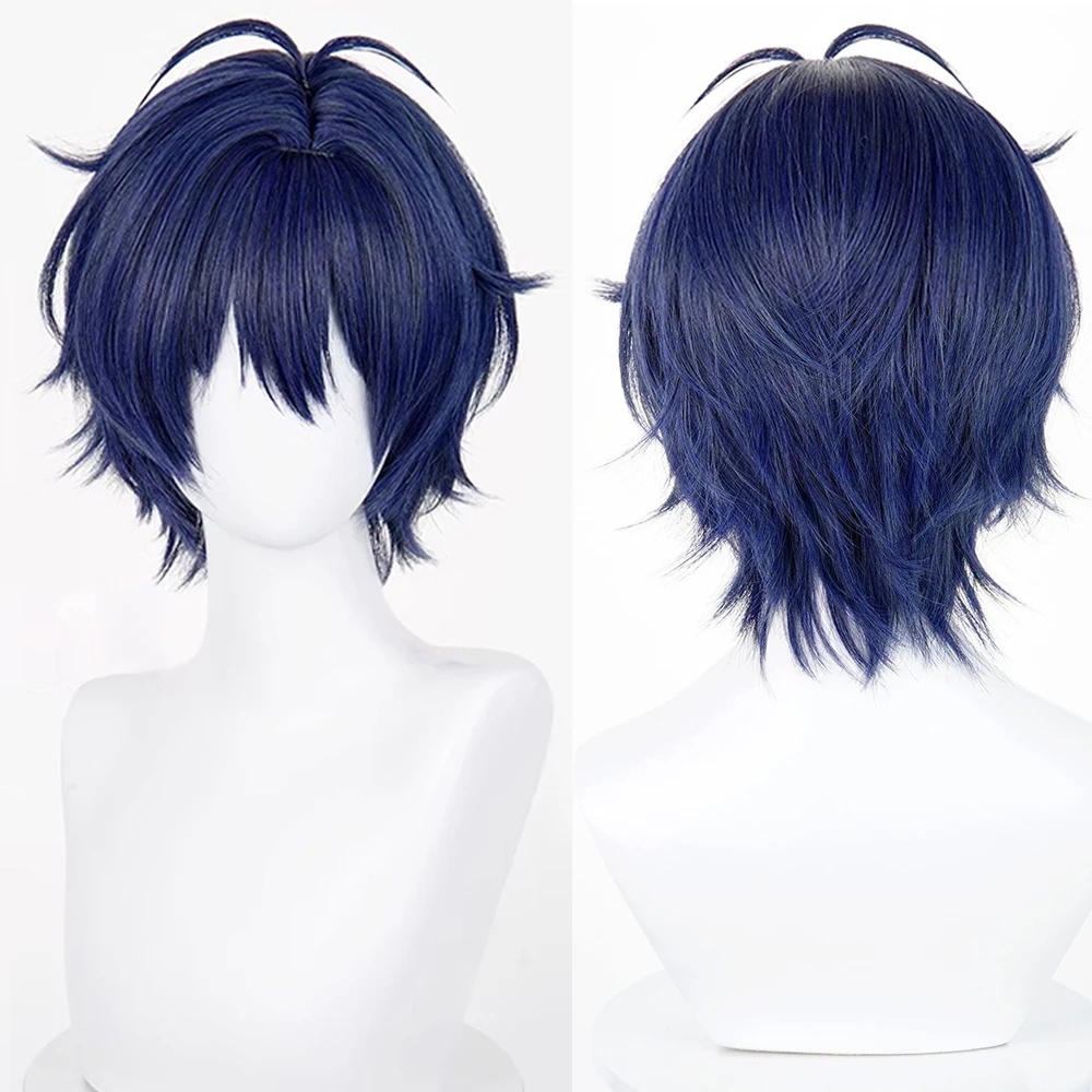 Short Straight Synthetic Wig Anime Game Cosplay Fluffy Blue Purple Wig Heat Resistant for Daily Party