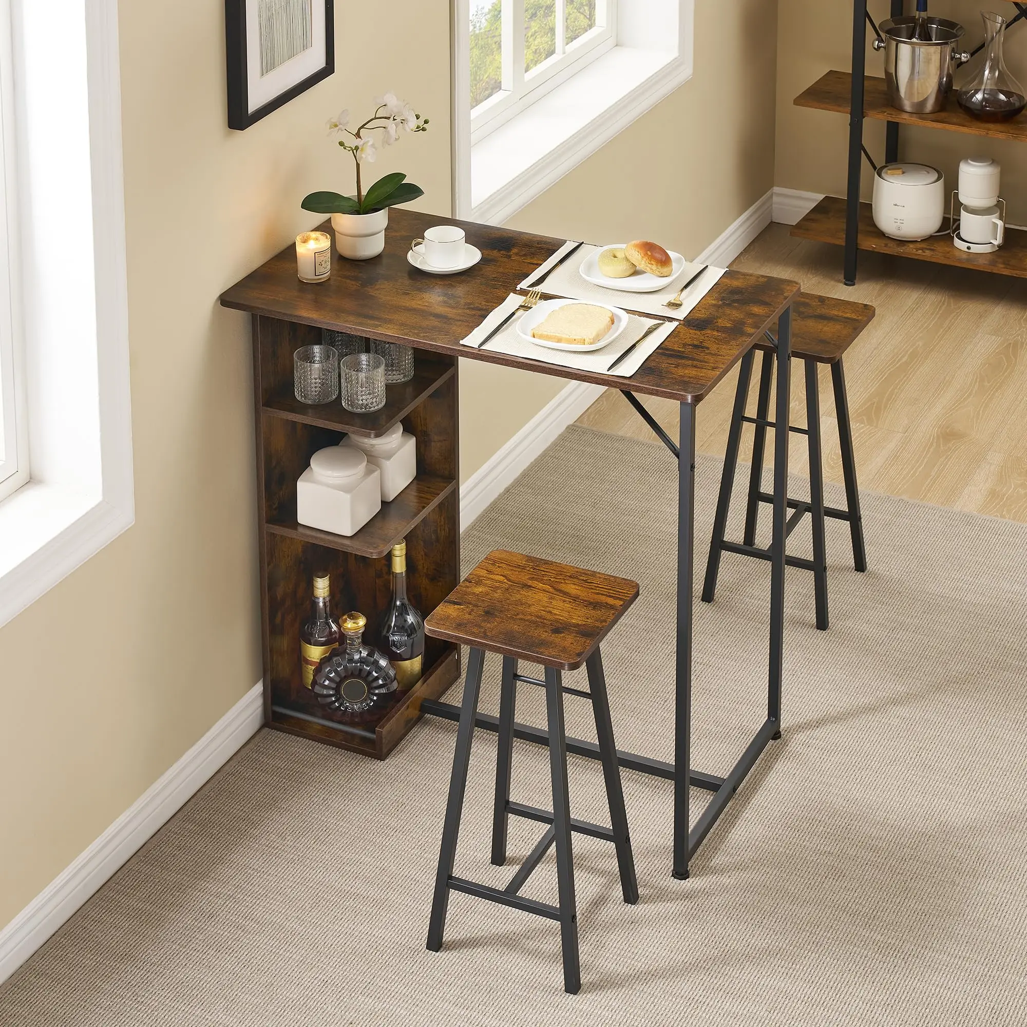 Small Bar Table Chairs Set,3Piece Bar Table Set with3Tier Storage Shelves,for Small Apartment, Living Room,Kitchen,Dining Room