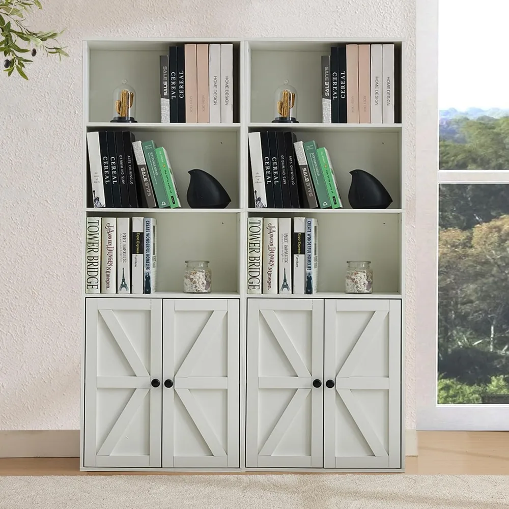 

5 Tier Book Shelf with Doors Set of 2, White Bookshelf & Wide Bookcase with Storage Cabinet, Wooden Book Shelf for Home Office a