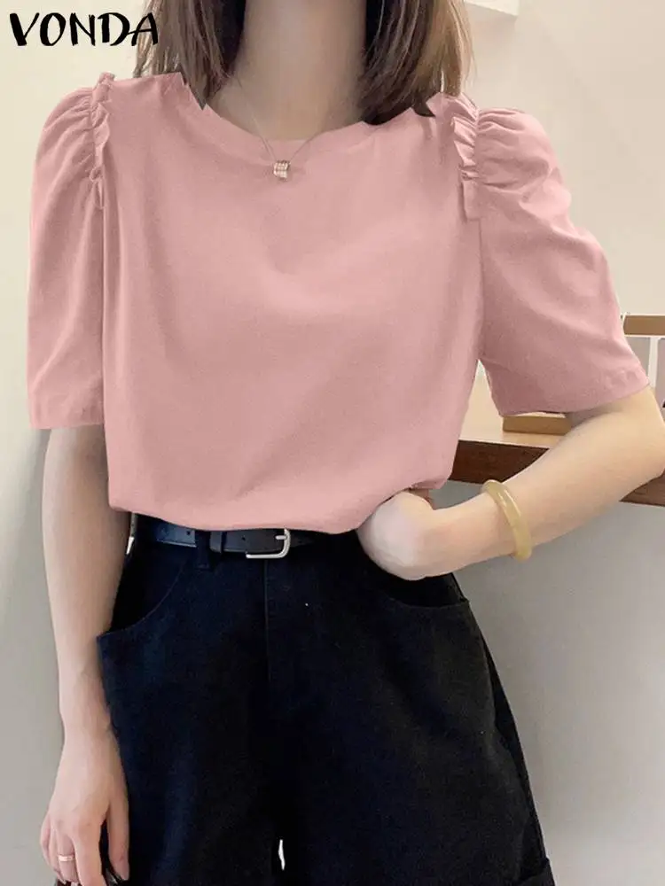 

VONDA Summer Shirts Women Casual Solid Color Blouse 2024 Tunic Tops Ladies Short Sleeve Loose Elegant Ruffled Blusas Femininas