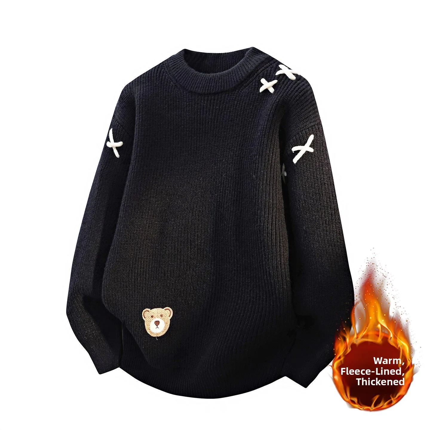 

Мужской утепленный вязаный свитер с узором в виде медведя, свободный крой, круглый вырез, зимний теплый базовый слой, повседневный, комфортный, из смесового полиэстера