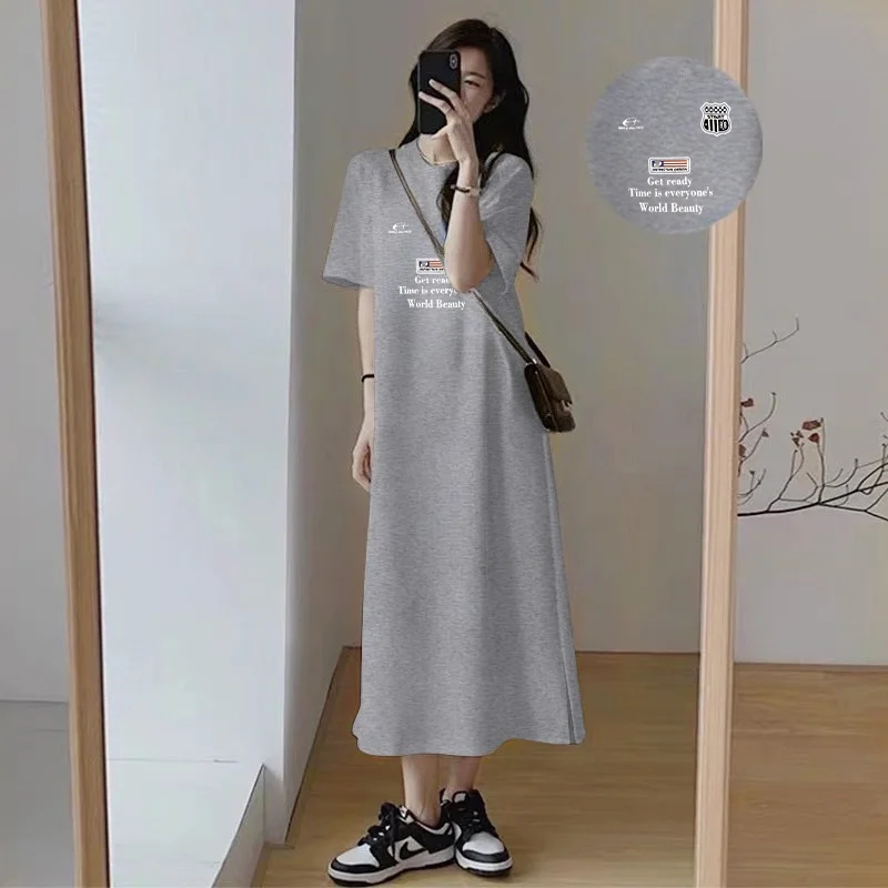 Women Casual Short Sleeve Maxi Dress Gothic Letter H Print Loose Oversized Side Split Summer Long T Shirt Dress view 3
