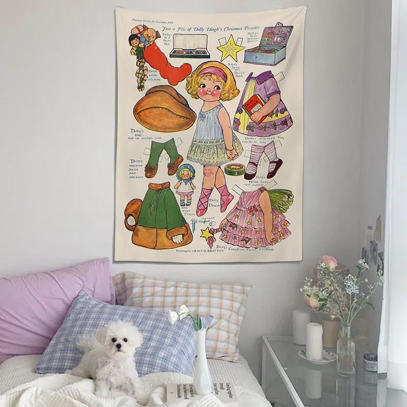 VIKAMA Vintage Dolly Dingle Paper Doll Tapestry Wall Hanging for Bedroom Cafe Aesthetic Retro Home Wall Decor
