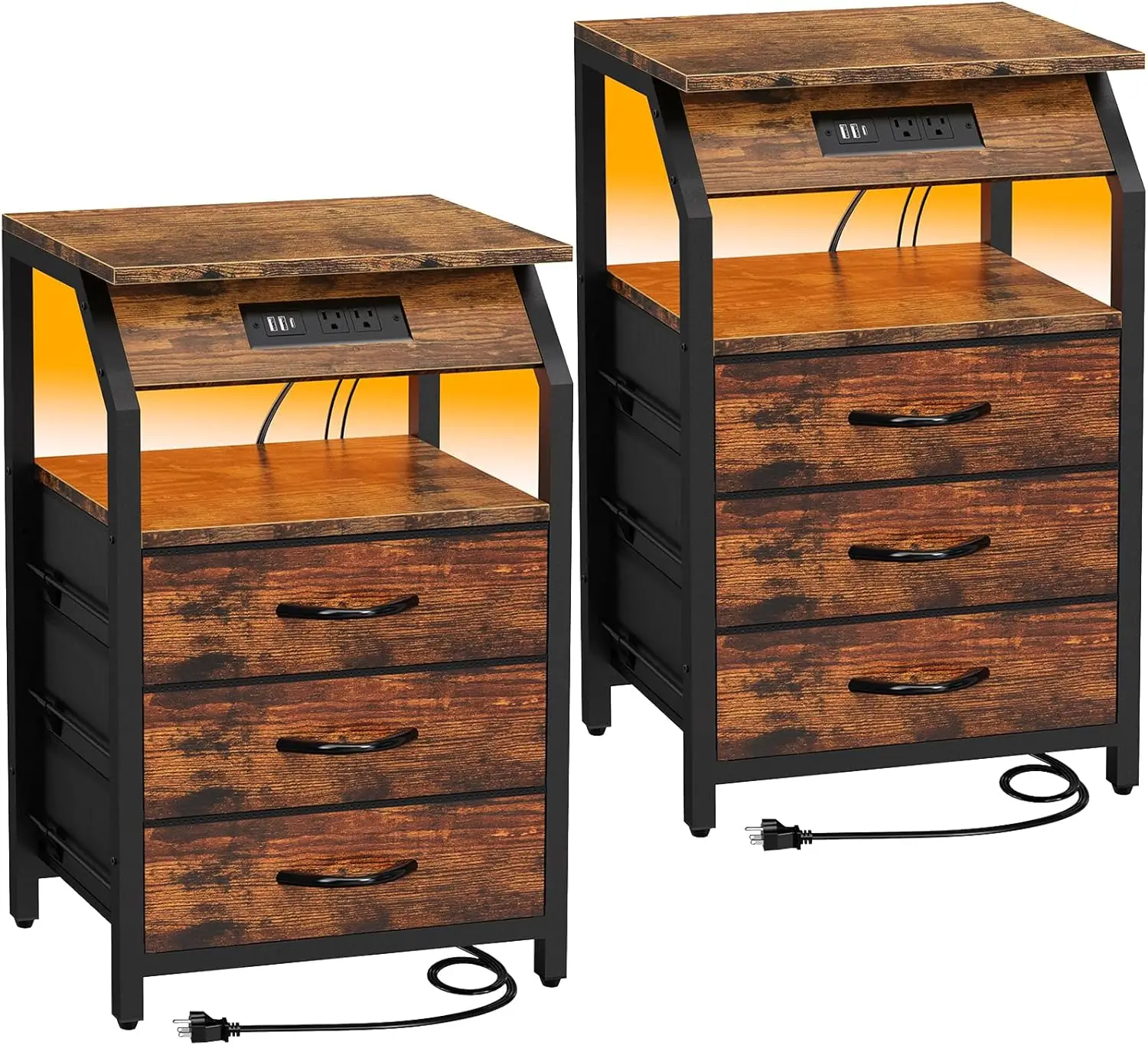 

End Tables Set of 2, Nightstands with Charging Station and LED Lights, 3 Drawers Fabric Bedside Table, Storage Side Tables fo