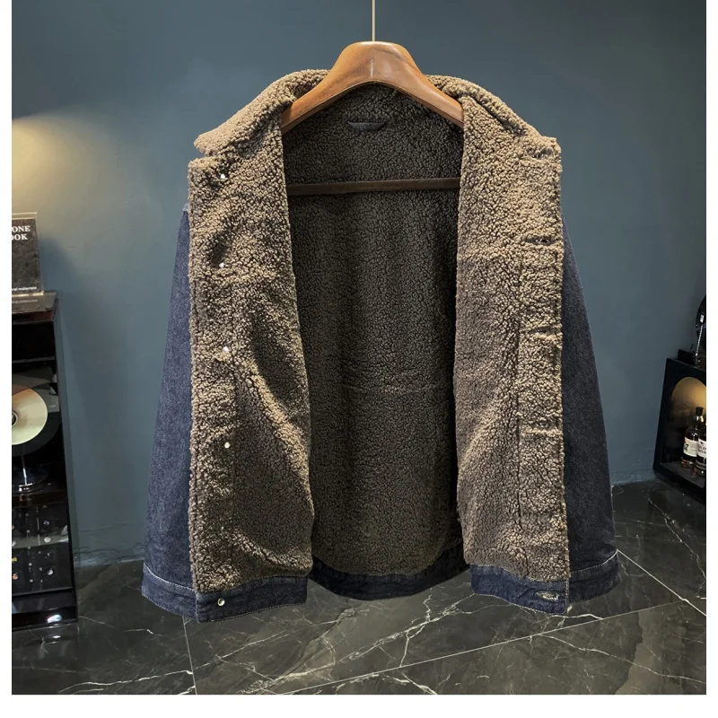 

Large loose fur collar denim jacket for men, 2026 trend new winter with added fleece and thick warm denim jacket