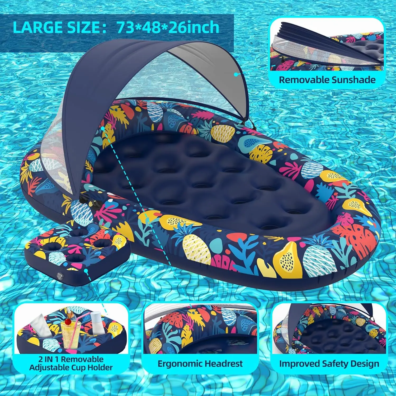 New 3-in-1 Shade Inflatable Hole Floating Pool Party Resort Pool Removable Shade And