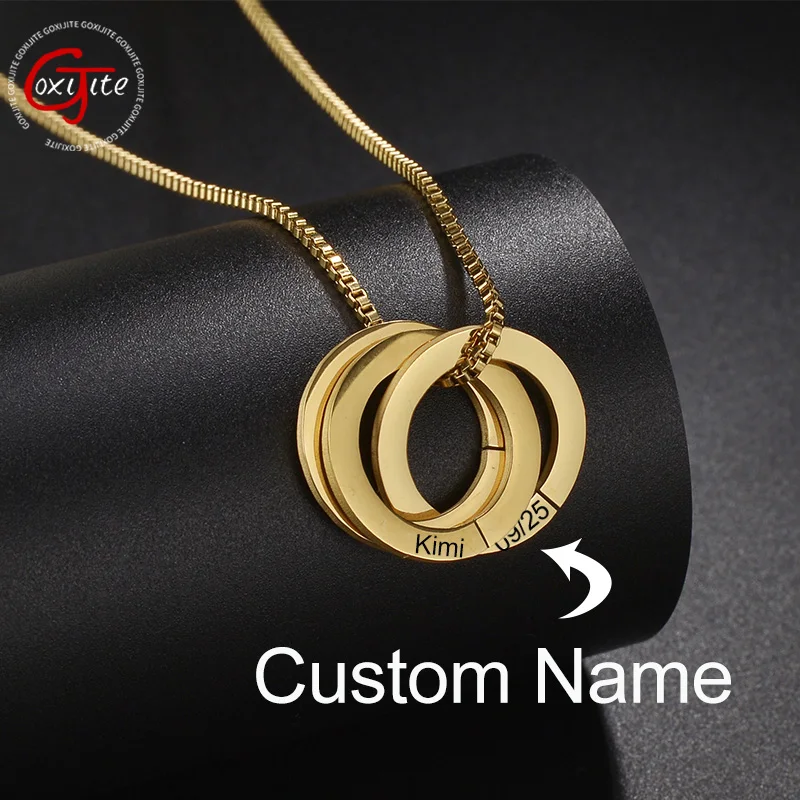 Goxijite Stainless Steel 3 Round Circle Ring Pendant Necklace Custom Engraved Name and Date Choker For Women Girls Jewelry Gifts