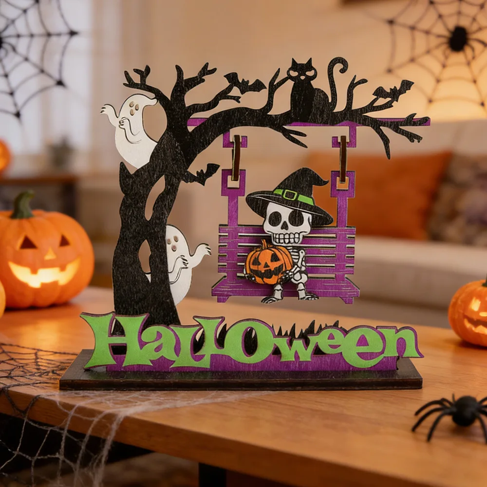 Halloween Wooden Tabletop Ornament, Color Print Skeleton Ghost Swing Pumpkin Desk Decor for Halloween Party Home Table Layout