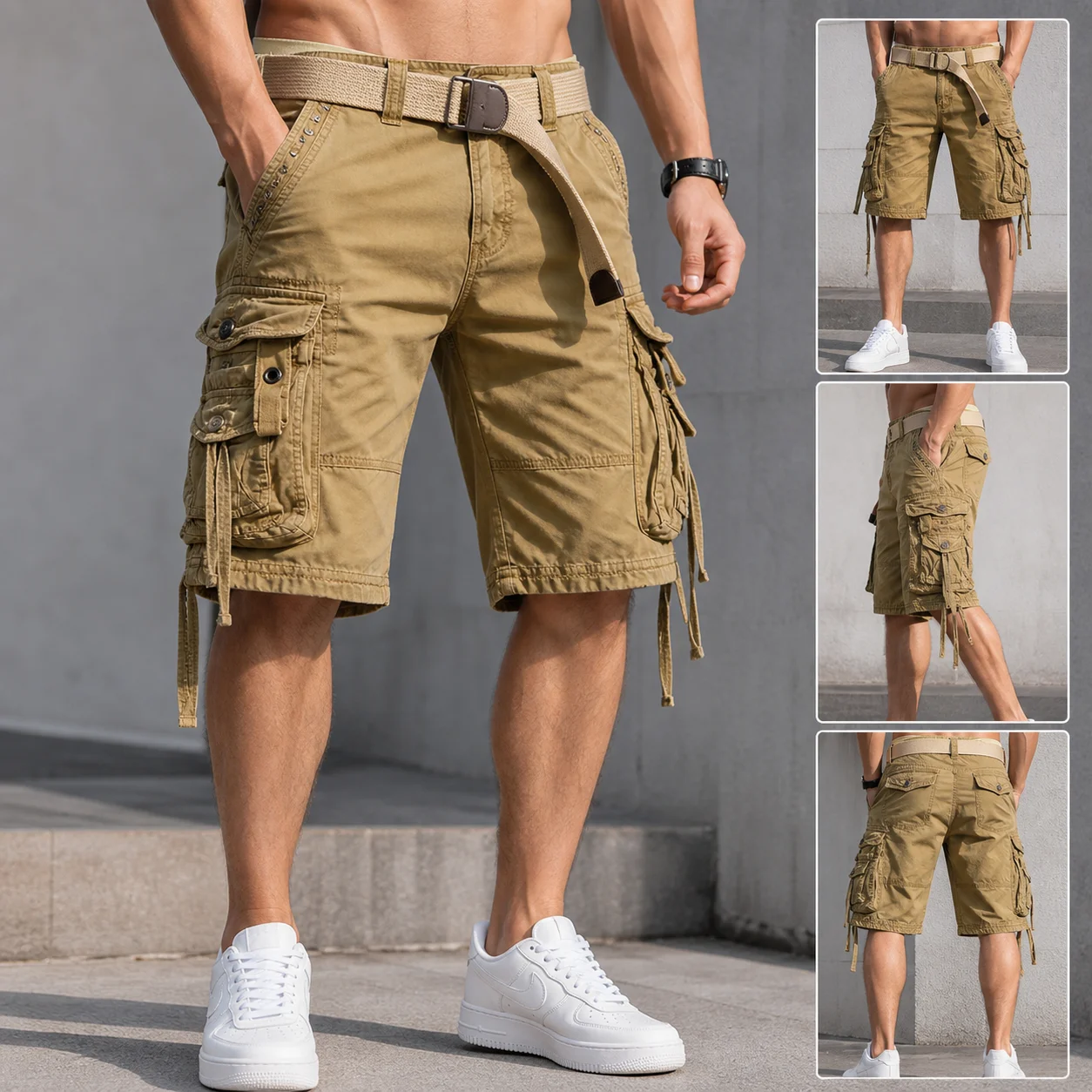 Men Pure Cotton Cargo Capri Pants Summer Oversized Multi Pocket Cropped Trousers Casual Tooling Loose Mens Shorts