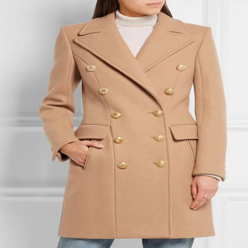 Newest 2024 F/W Fashion Designer Overcoat Women's Classic Lion Buttons Double Breasted Slim Fitting Wool Coat