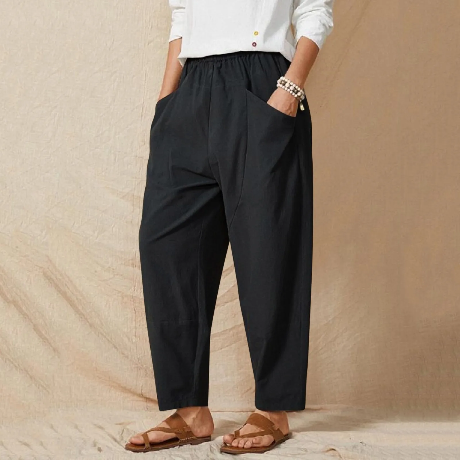 

Cotton Harem Pants For Women Solid Color Elastic Waist Pants Women's Casual Pocket Loose Japanese Style Harem Pants Black White